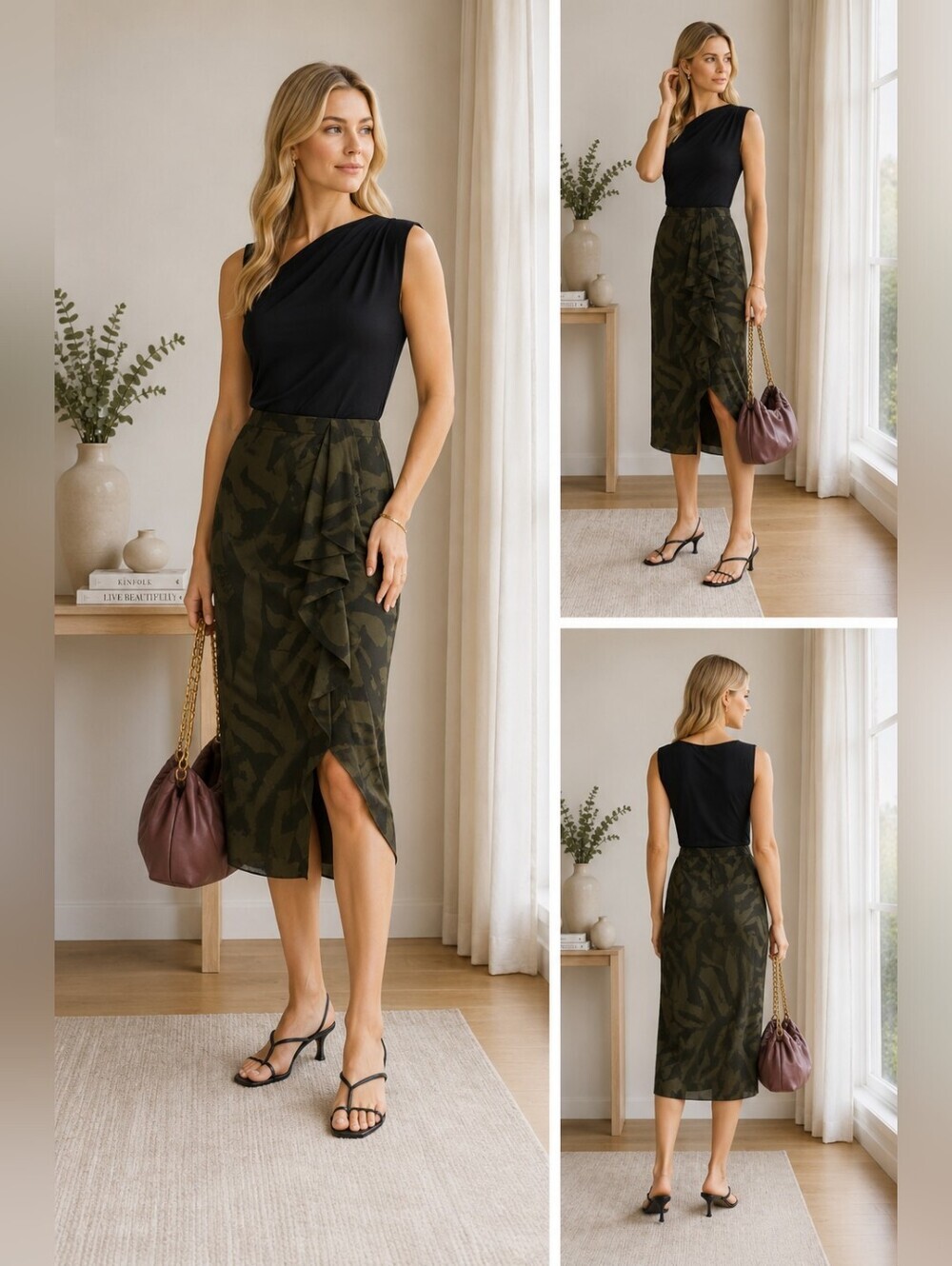 NWT Lauren Ralph Lauren Olive Print Ruffle Midi Skirt Size 6